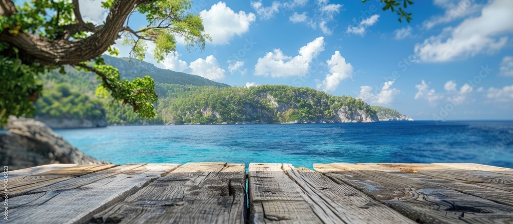 Poster capture the scenic island sea view with a copy space image on an aged wood log serving as the table 