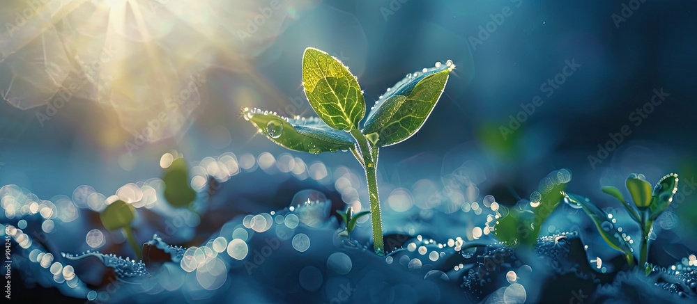Poster macro image of a dew covered sprout on a blue backdrop capturing the sun s flare with copy space ima