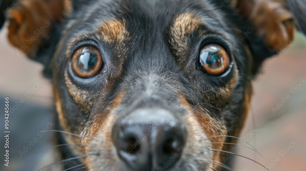 Wall mural young crazy surprised dog make big eyes closeup. surprised dog funny face big eyes. young dog lookin