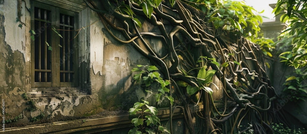 Poster beautiful copy space image featuring lush green leaves and intricate javanese tree roots of cissus n