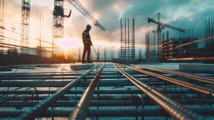 Construction worker on site with rebar in foreground