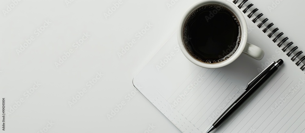Poster close up view from above of a cup of coffee notebook and pen on a white background with copy space i