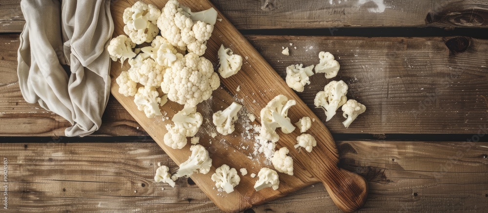 Sticker Cauliflower pieces neatly arranged on a wooden cutting board with ample copy space image