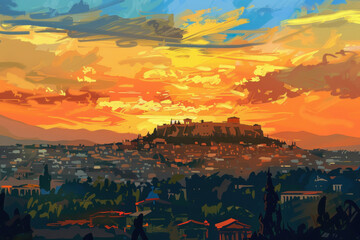 Sunset landscape of big town in Greece