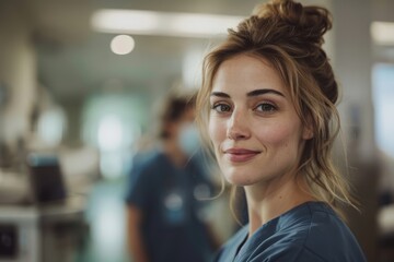 Fototapeta premium Cheerful Nurse in Scrubs. A cheerful nurse with her hair in a bun smiles brightly in a hospital room, conveying warmth and professionalism as she goes about her duties in healthcare.
