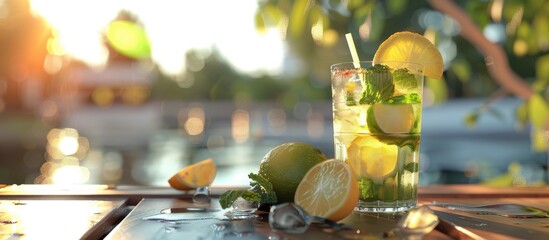 Promotion with copy space image featuring a mojito glass with a straw at a riverside cafe alongside a cold lemonade on a table