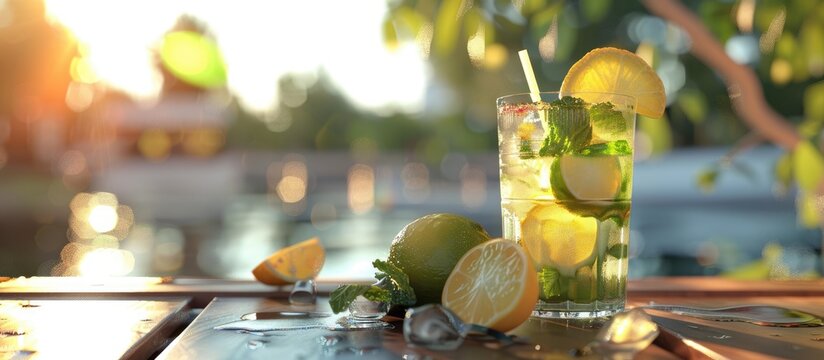 Promotion with copy space image featuring a mojito glass with a straw at a riverside cafe alongside a cold lemonade on a table