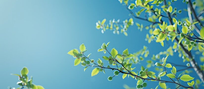 Spring s arrival is announced by the first green leaves budding on trees against a clear blue sky symbolizing nature s awakening and the changing environment Plenty of copy space image included