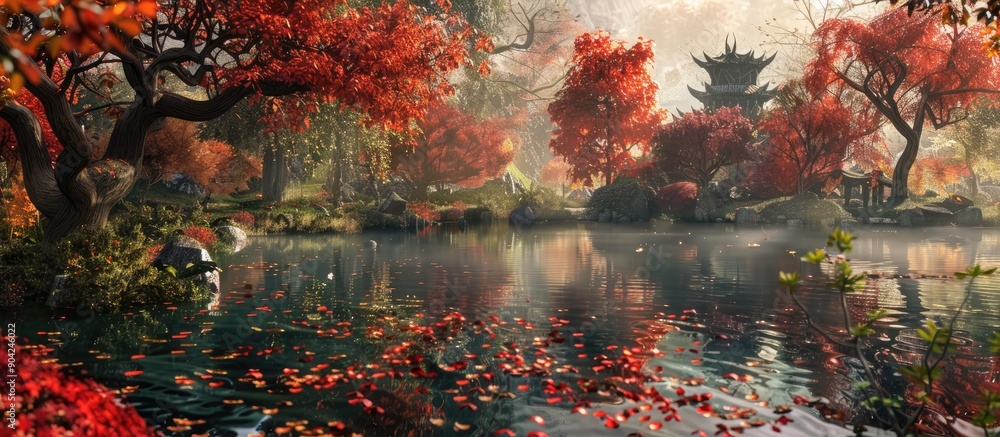 Poster a stunning japanese garden during autumn displays vibrant red trees creating a colorful scene with r