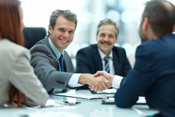 Fototapeta premium Business deal: Handshake between businessmen in a vibrant office