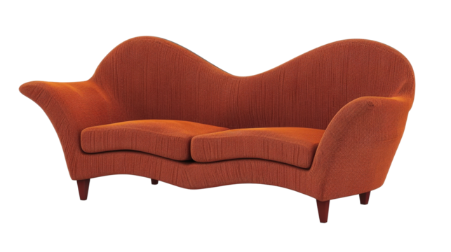Unique, red, modernist sofa with curvaceous backrest and matching cushions, featuring an asymmetrical design and wooden legs, on a plain white background.