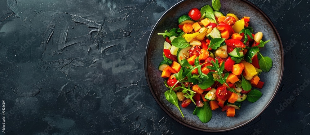 Poster top down view of a scrumptious vegetable stew on a plate with ample copy space image