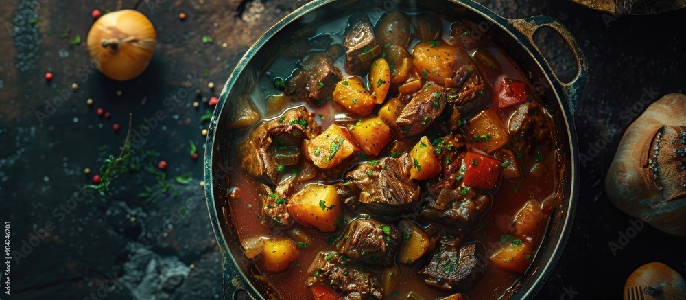 Poster top down shot of a beef and vegetable irish stew in a pan on a dark surface with room for additional