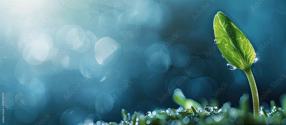 Poster macro image of a dew covered sprout on a blue backdrop capturing the sun s flare with copy space ima