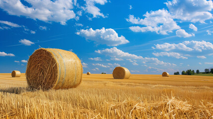 Yellow field with several bales of hay against a bright blue sky with clouds.