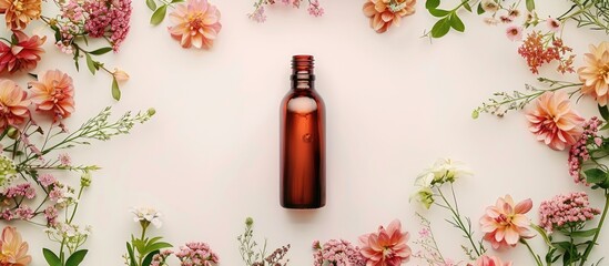 Digitally generated copy space image showcasing flower frame brown bottle on white background Depicts natural living healthy lifestyle organic products health and beauty concept