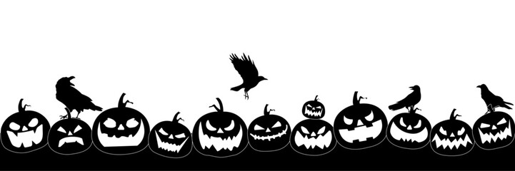 Naklejka premium Halloween silhouette. Many different pumpkins carved for the holiday lie on the ground, crows fly around.Vector image