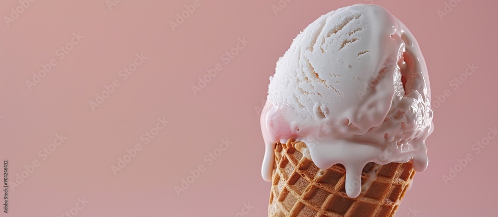 Poster close up photo of a wafer cone with melted ice cream on a light pink backdrop with copy space image 