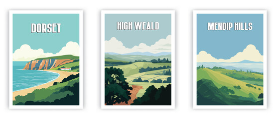 Dorset, High Weald, Mendip Hills Illustration Art. Travel Poster Wall Art. Minimalist Vector art