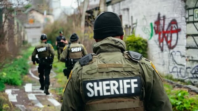 Sheriff officers walking toward a house 