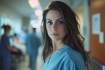 Fototapeta premium Determined Nurse in Blue Scrubs. A determined nurse with dark brown hair stands confidently in a hospital corridor, ready to provide exceptional care and support to her patients