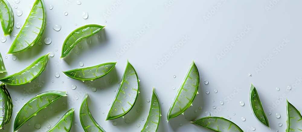 Poster aloe vera leaf slices on a white surface with copy space image in a flat lay style conveying a medic