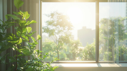 Sunlight streams through a window, illuminating lush green plants, creating a serene and refreshing indoor atmosphere with views of distant trees and buildings.