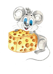 A mouse with cheese. Child. A cartoon character. Watercolor illustration. Isolated. A hand-drawn drawing. Clipart