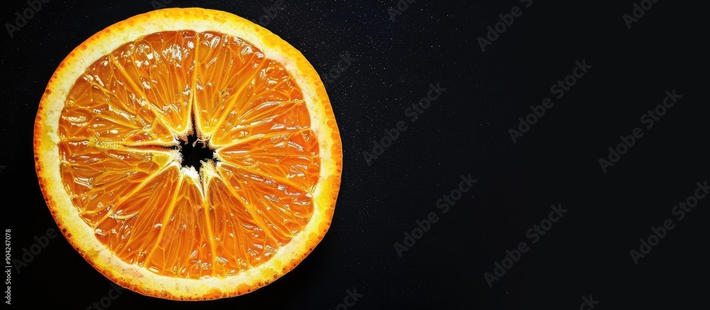 Poster a view of sliced orange citrus against a black background with room for text copy space image