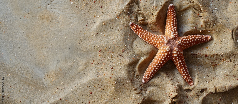 Poster top down view of a starfish on sandy beach surface with a clear space around it for text or other el