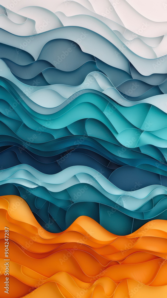 Poster abstract layered artwork in shades of blue and orange, evoking the impression of flowing waves or un