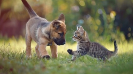 A Heartwarming Moment Between a Dog and Cat at Play, Puppy And Kitten, Dog and Cat Playing Together