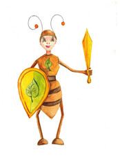 An ant with a shield and a sword. Child. A cartoon character. Watercolor illustration. Isolated. A hand-drawn drawing. Clipart