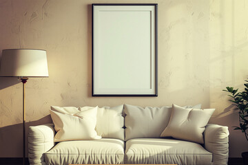 Living room frame mockup:  creative presentation of picture frame hanging on a modern beige rough wall over a comfortable sofa in a sitting room with side lamp