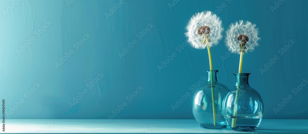 Poster a dandelion and glass vases on a blue background with copy space image featuring an abstract composi
