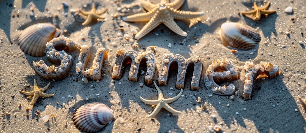 Poster summery image with summer in shells on sandy copy space image