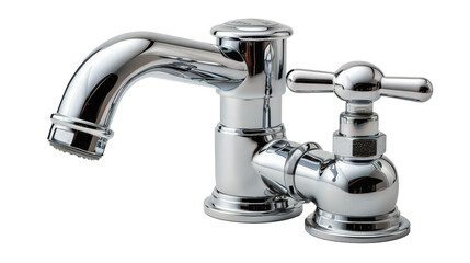 A shiny, chrome-plated faucet and handle set against a plain white background, showcasing its sleek and modern design.