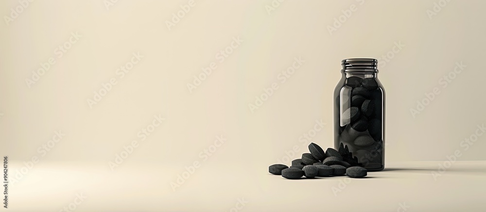 Poster activated carbon tablets and a glass bottle on a light background creating a visually appealing copy