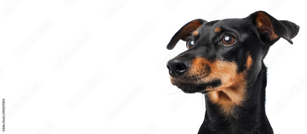 Poster adorable dog of a specific breed displayed against a blank white backdrop with copy space image