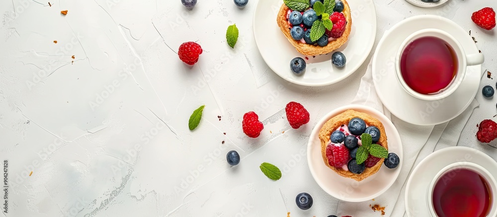 Poster delicious berry pastries and tea on a white table seen from above with room for text around them in 