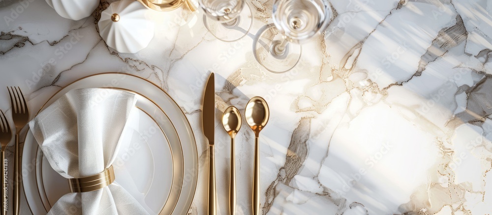 Poster elegant dining setup on a sleek white marble table from above with cutlery napkin and room for a cap