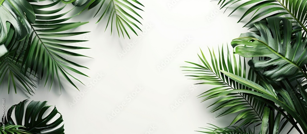 Poster a corner arrangement of green palm branches set against a white background with copy space image