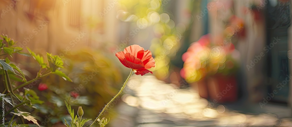 Poster close up photo of a red flower in a street garden with selective focus and copy space image capturin