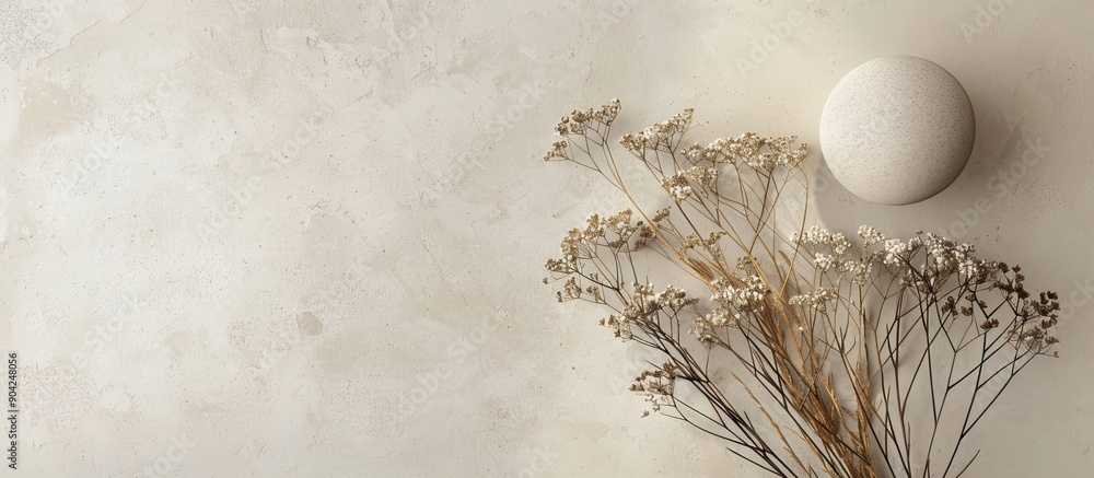 Poster top down view of a simple round stone and a rustic bouquet of dried flowers on a neutral beige backd