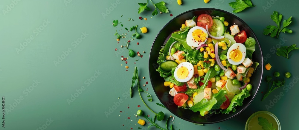 Poster vegetarian salad with crab sticks eggs onion and corn in a bowl showcased as a captivating web banne