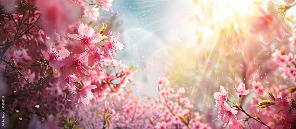 Poster a vibrant spring day in the park with blooming sakura branches under the sunny sky where rays of sun
