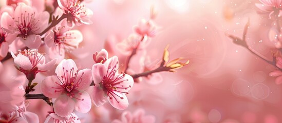 Obraz premium Close up of soft pink peach blossoms on a branch with a blank area for additional text or images known as a copy space image