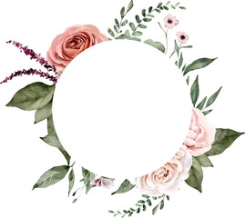 Watercolor Round Shaped Frame with Roses and Leaves