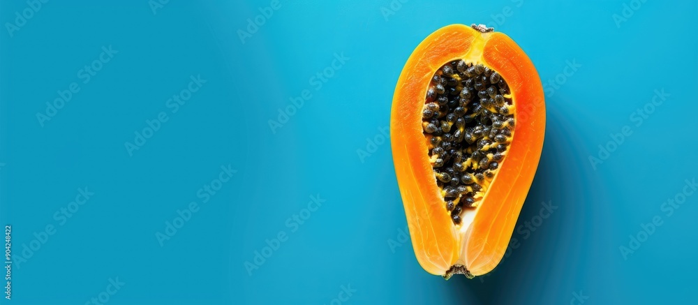 Poster top view of a papaya against a blue backdrop with ample copy space image available