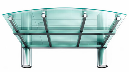 Modern glass and metal canopy with cylindrical support columns, ideal for buildings, providing sleek and contemporary overhead protection from different weather elements.